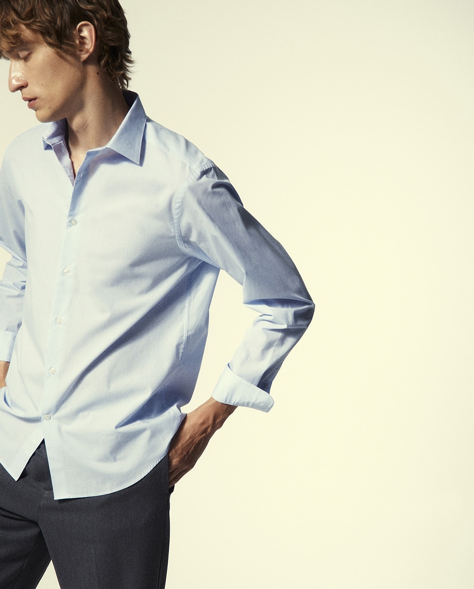 Camisa Slim aos Micro Quadrados 410 Azul Claro-4
