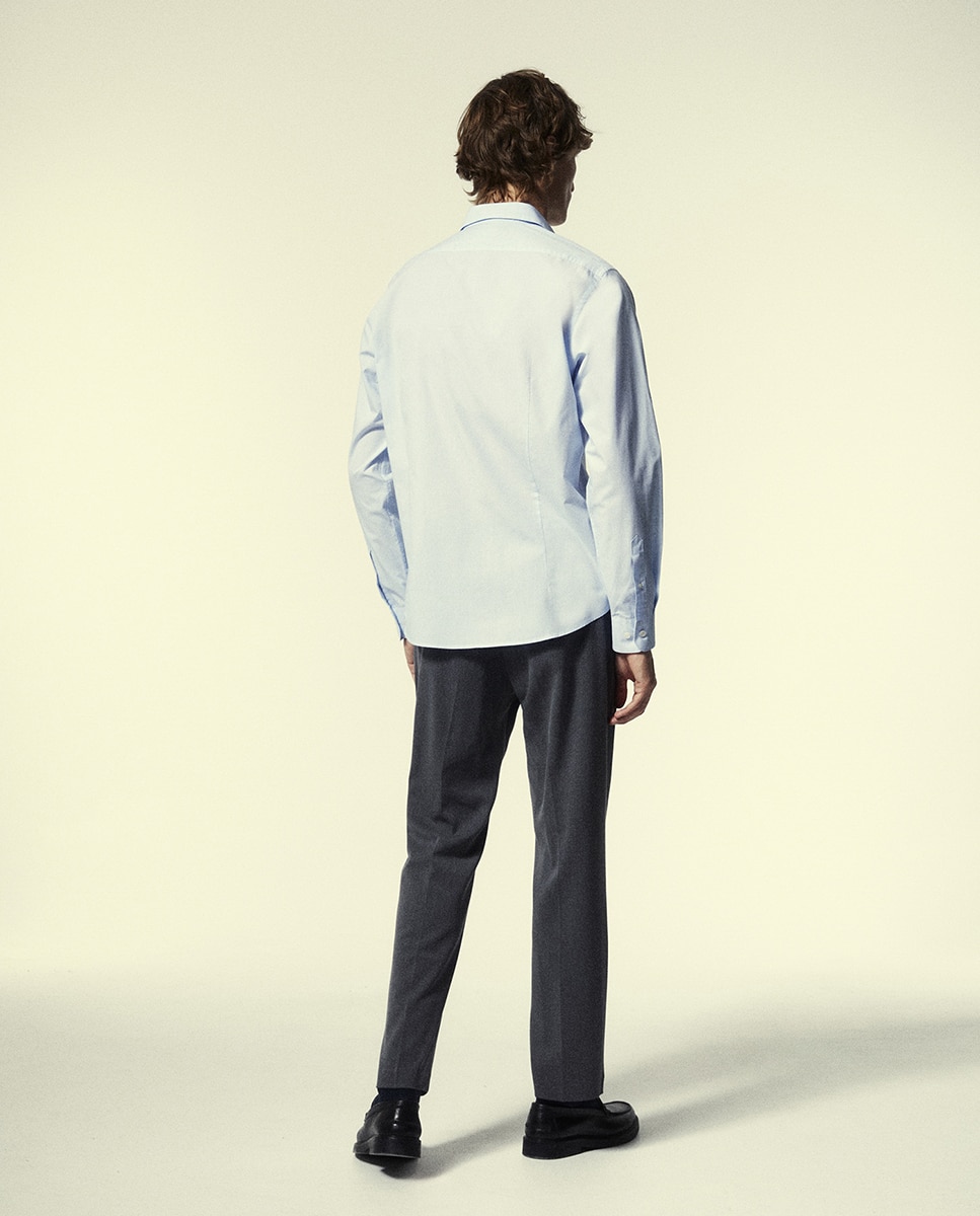 Camisa Slim aos Micro Quadrados 410 Azul Claro-5