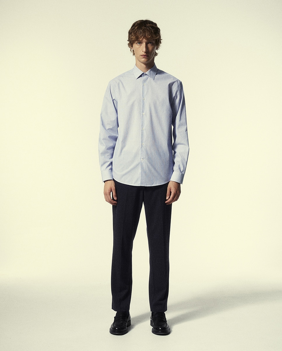 Camisa Regular com Risca Fina 400 Azul-2