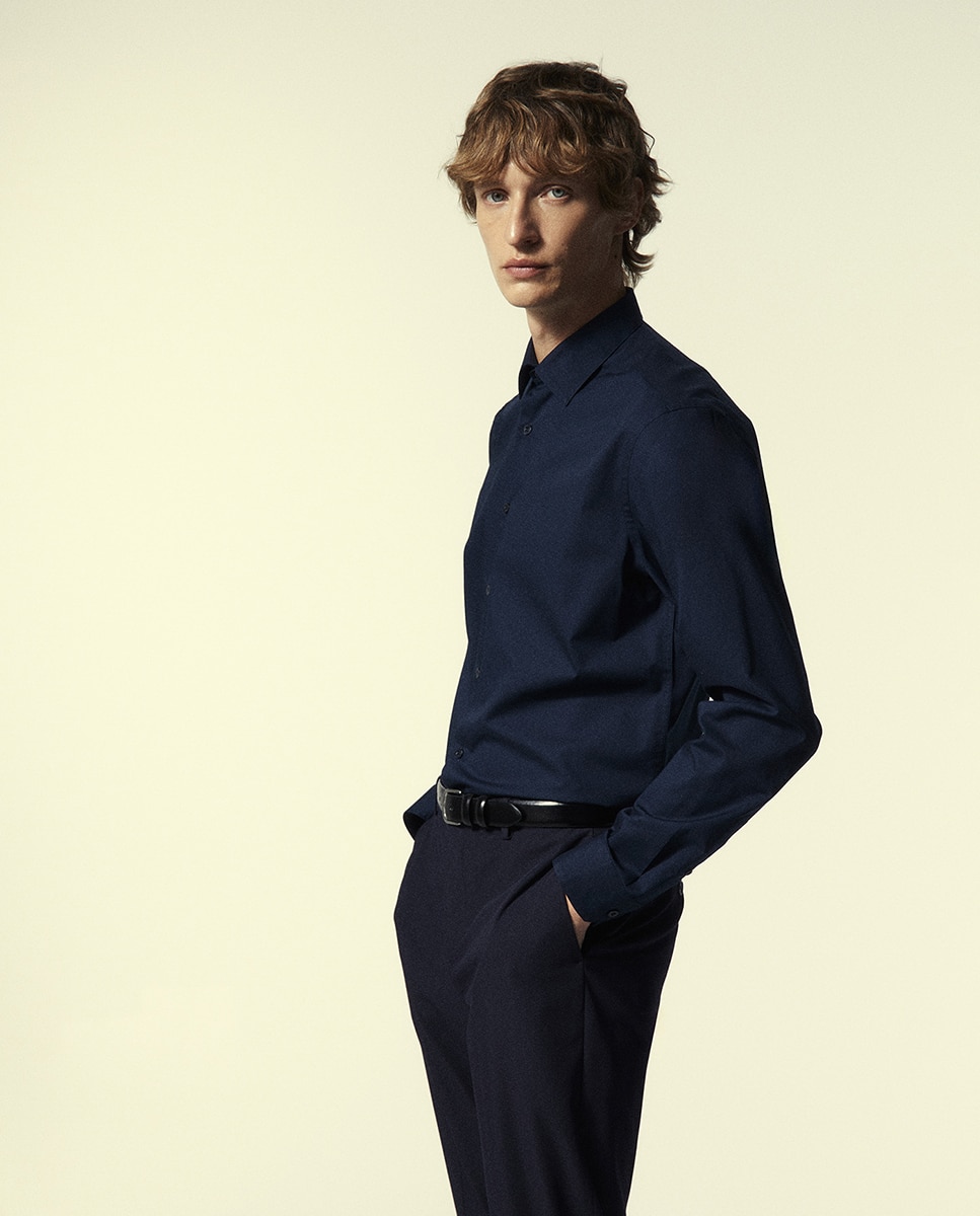 Camisa Slim de Popelina Azul-marinho-1