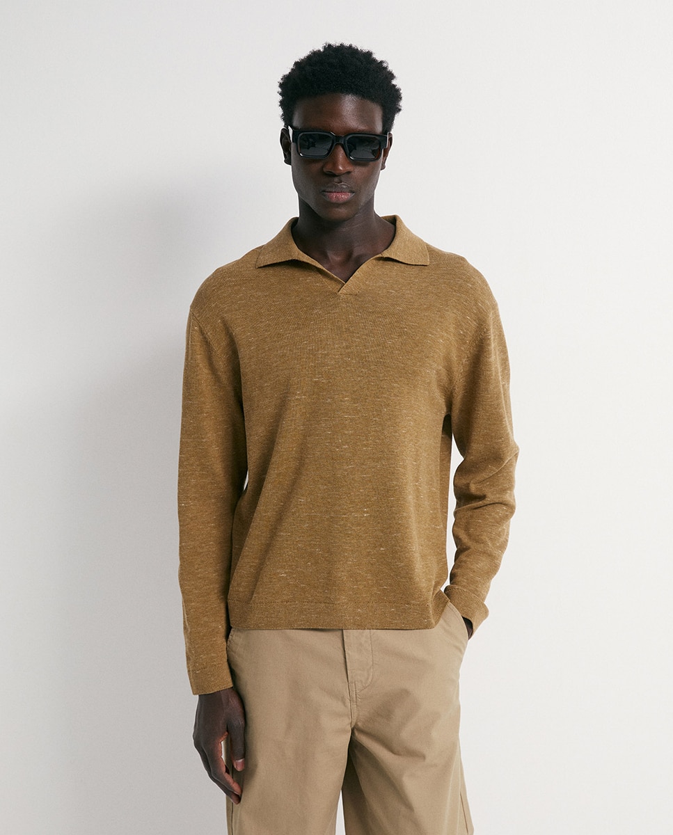 Camisola de malha com colarinho de pólo Mostarda-2