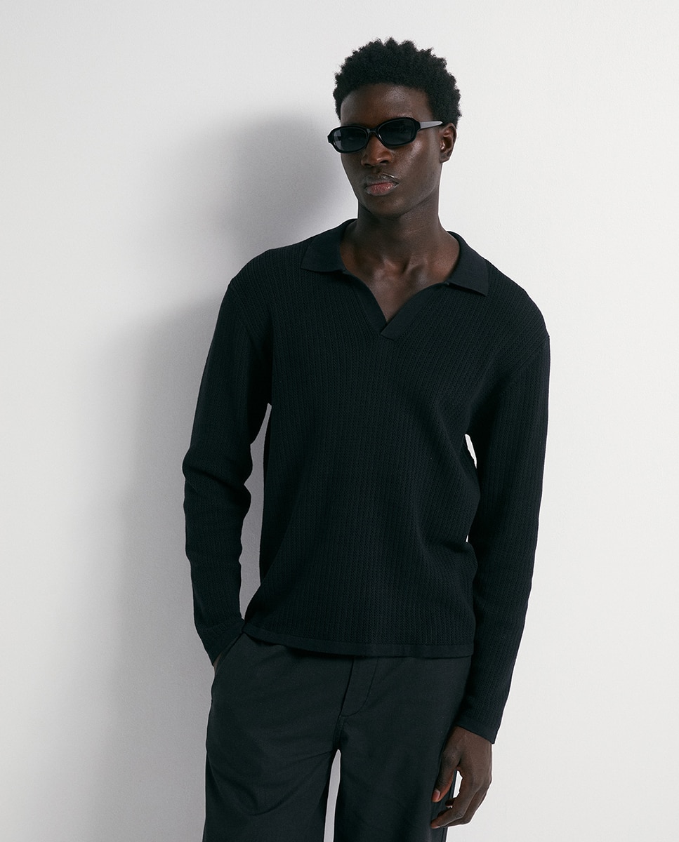 Camisola de malha com colarinho de pólo Preto-1