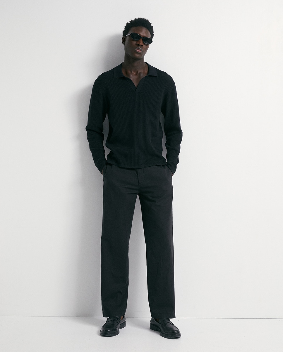Camisola de malha com colarinho de pólo Preto-2