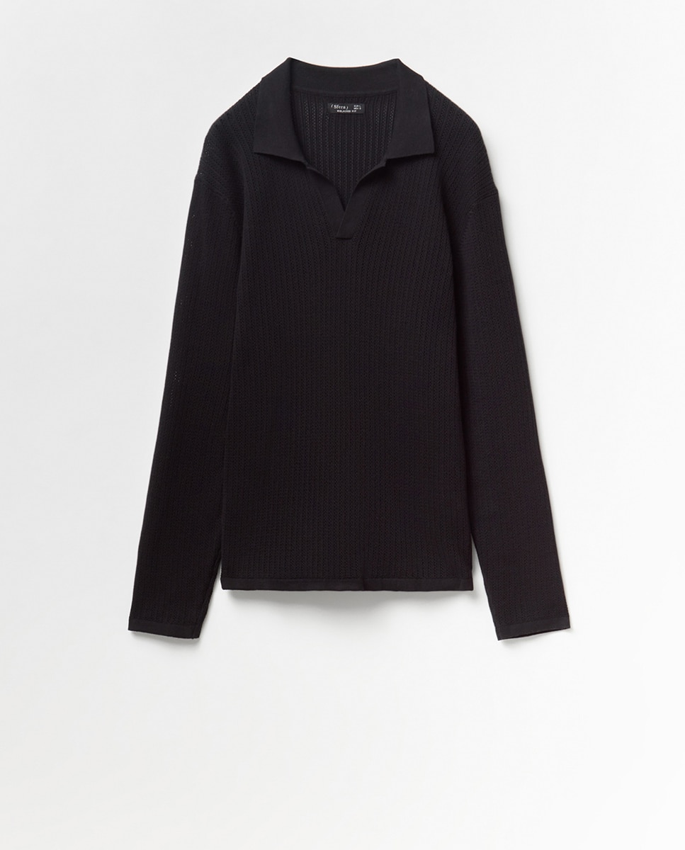 Camisola de malha com colarinho de pólo Preto-5