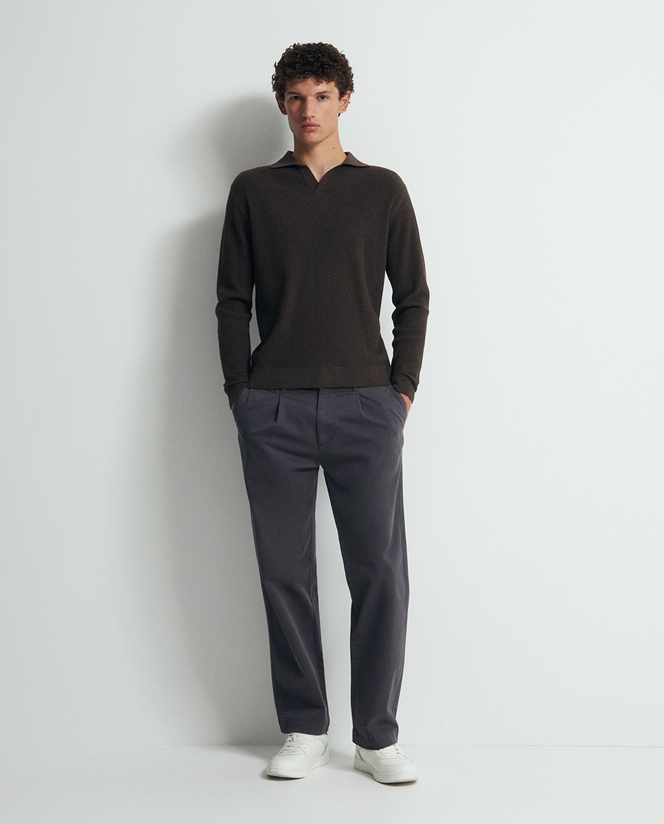 Camisola de Malha com Colarinho de Polo Half Cardigan Castanho-2