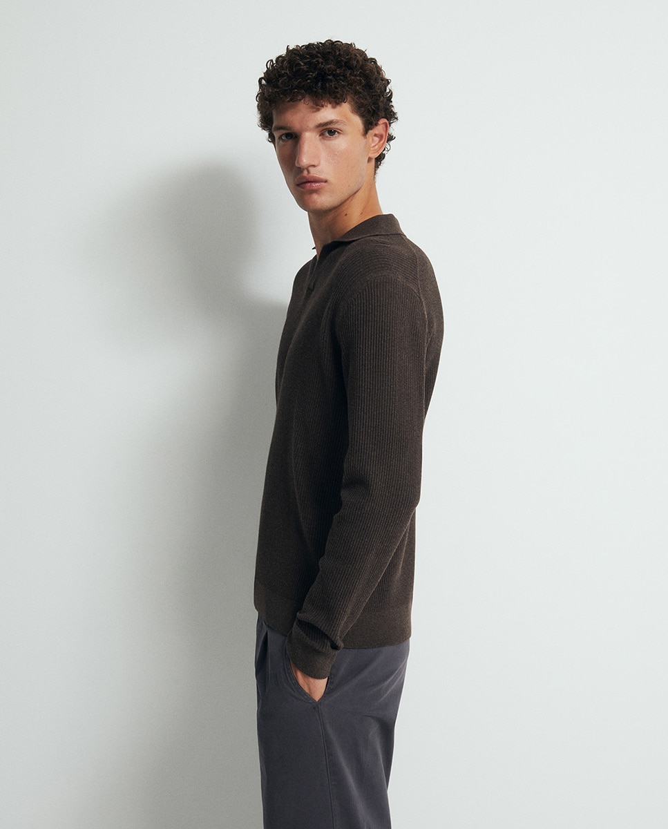 Camisola de Malha com Colarinho de Polo Half Cardigan Castanho-4