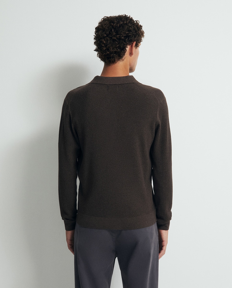 Camisola de Malha com Colarinho de Polo Half Cardigan Castanho-5