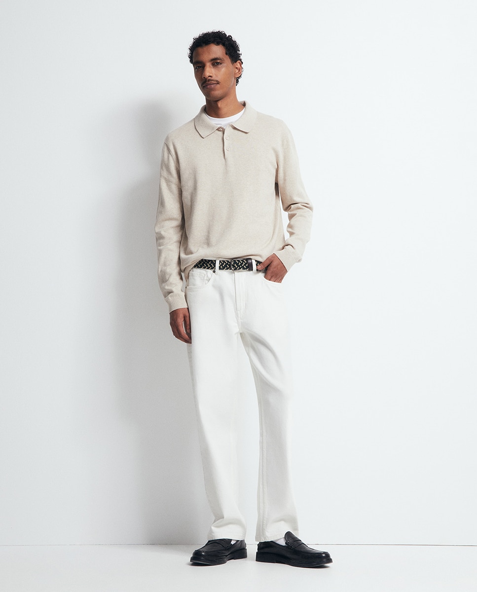 Camisola de malha com colarinho de pólo Bege-2
