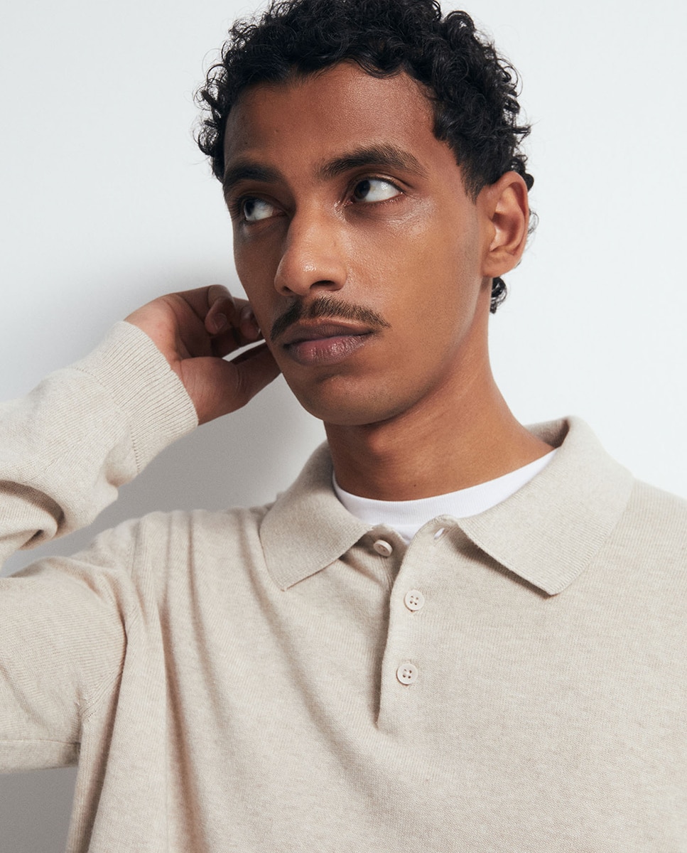 Camisola de malha com colarinho de pólo Bege-3