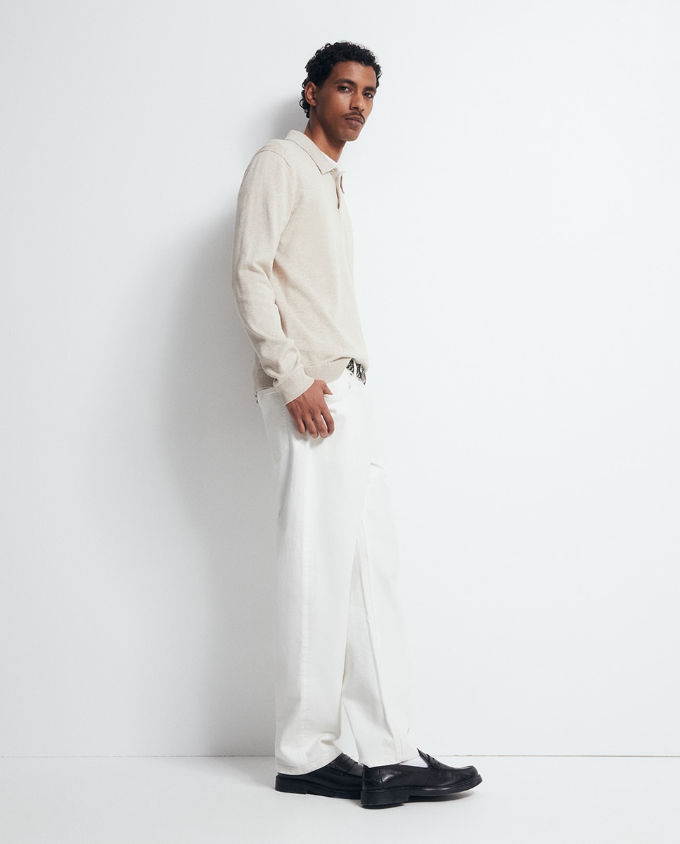 Camisola de malha com colarinho de pólo Bege-4