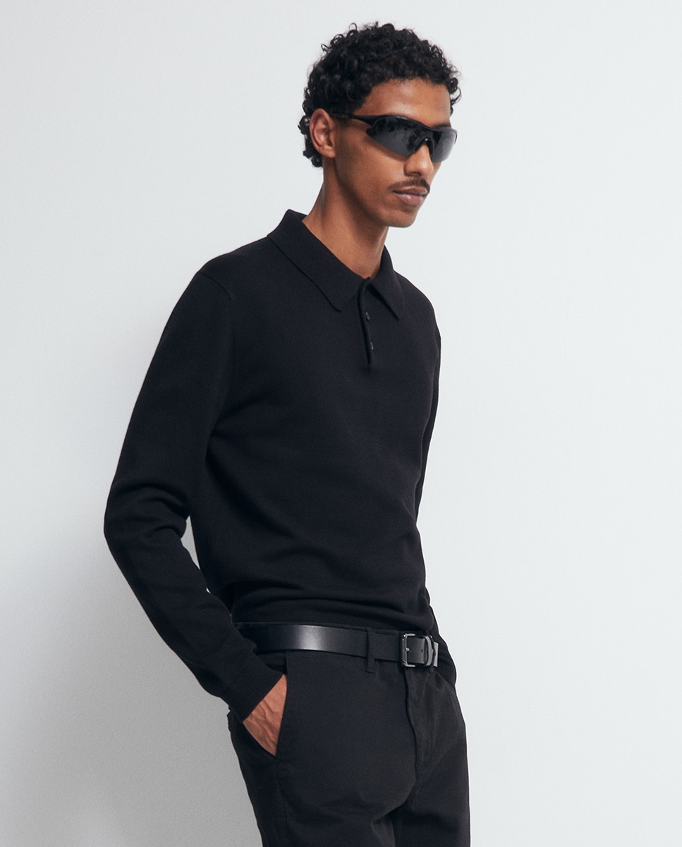 Camisola de malha com colarinho de pólo Preto-3