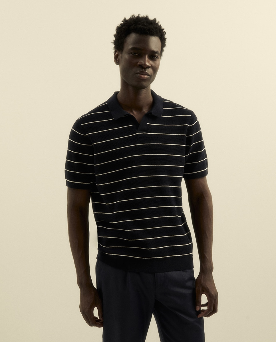 Camisola de malha com colarinho de pólo Marinho-1