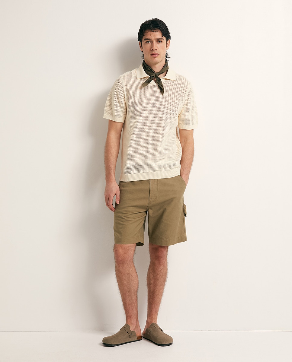 Camisola de Malha Tipo Polo Rendilhado Cru-2