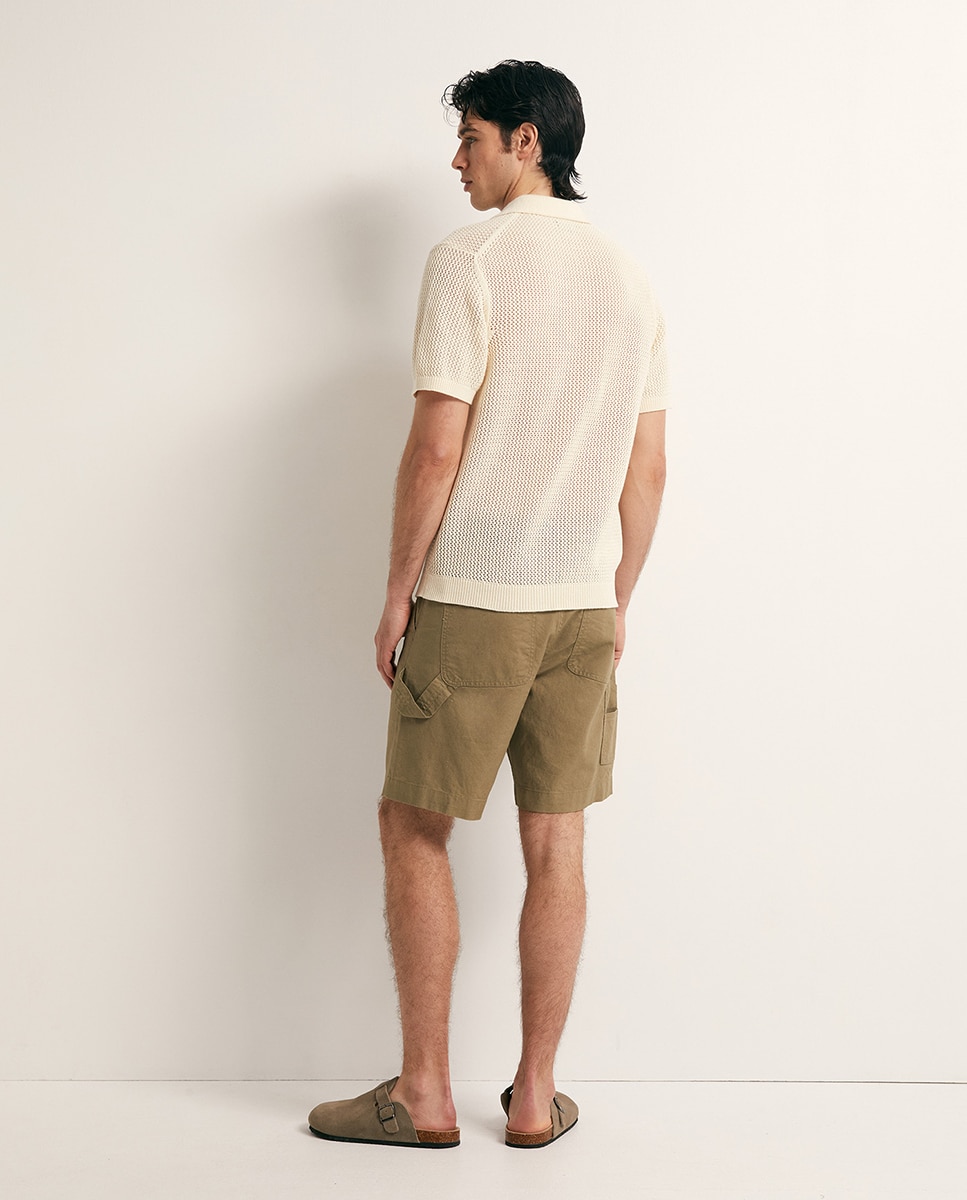 Camisola de Malha Tipo Polo Rendilhado Cru-5