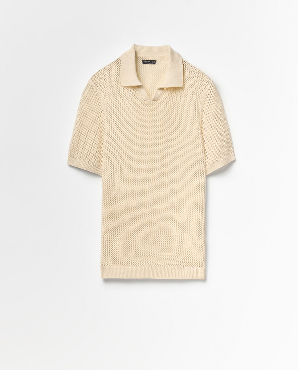 Camisola de Malha Tipo Polo Rendilhado Cru-6