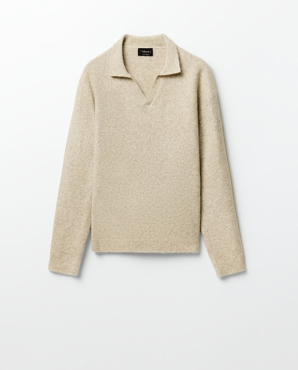 Camisola de Malha com Colarinho de Polo Bege-8