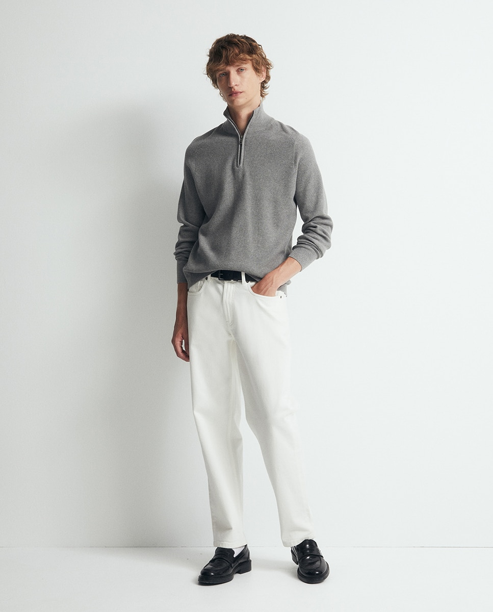 Camisola de Malha com Fecho de Correr e Estrutura 820 Cinzento Médio-3