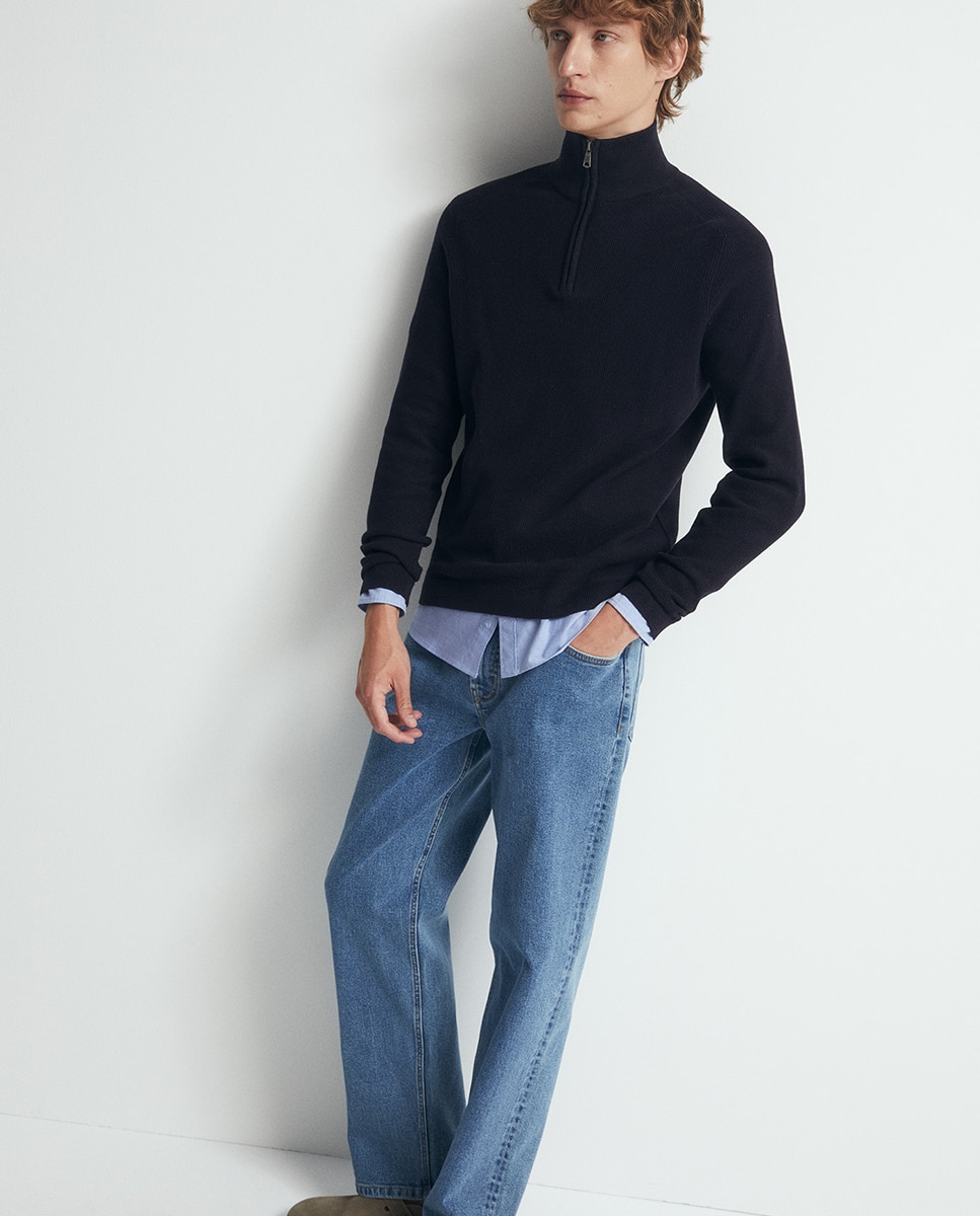 Camisola de Malha com Fecho de Correr e Estrutura Azul-marinho-4
