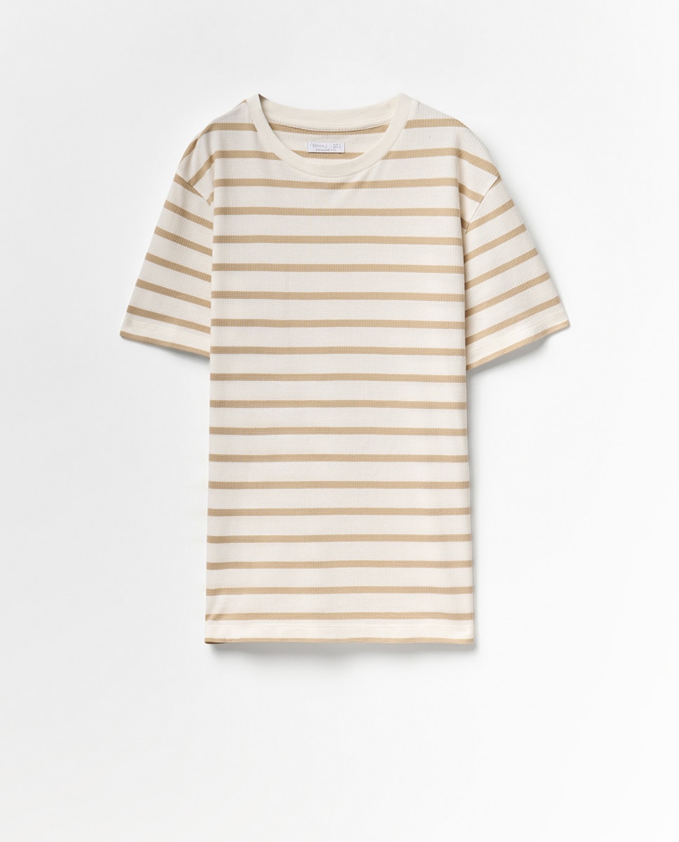 T-shirt às Riscas com Textura Castanho-claro-5