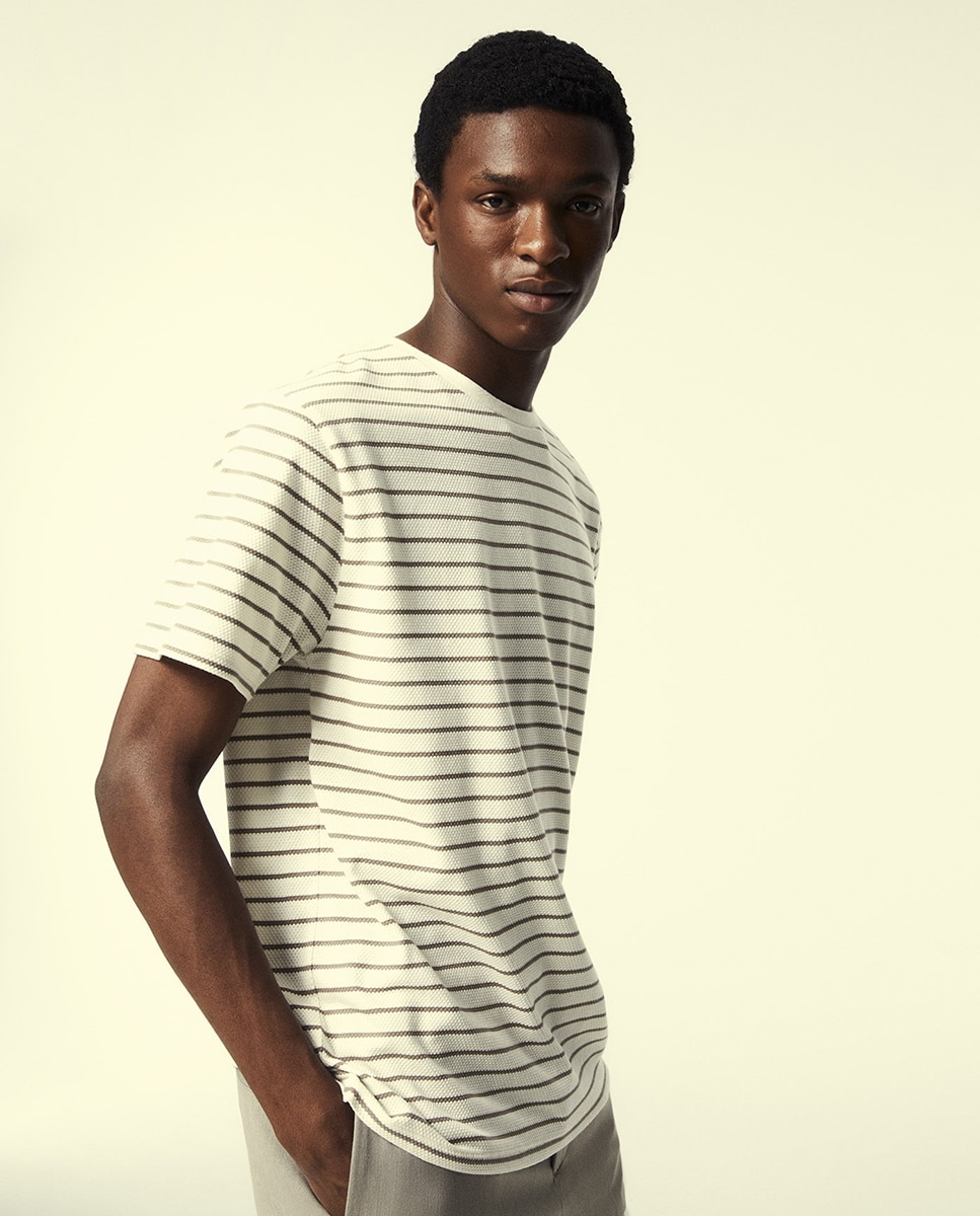 T-shirt às Riscas Bubble Bege-2