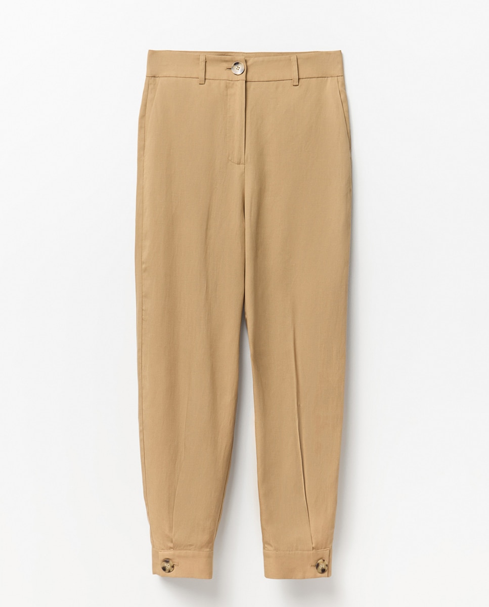 Calças fluidas com punho Bege-6