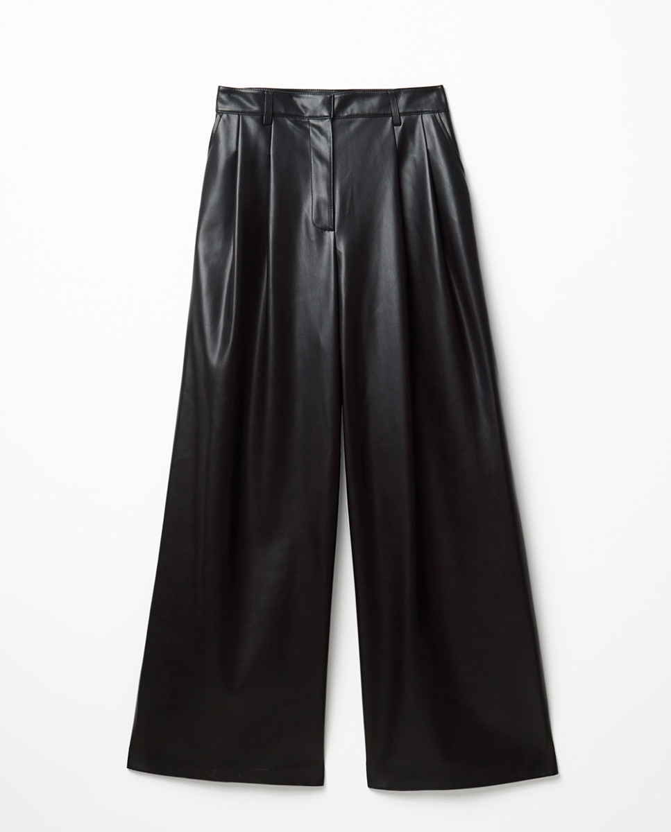Calças com Efeito de Pele e Pinças Preto-5
