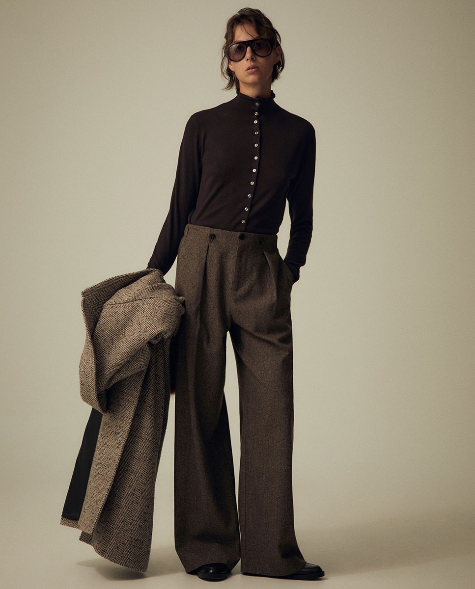 Pantalón tweed fruncido - Sfera - Marrón Marrón-1