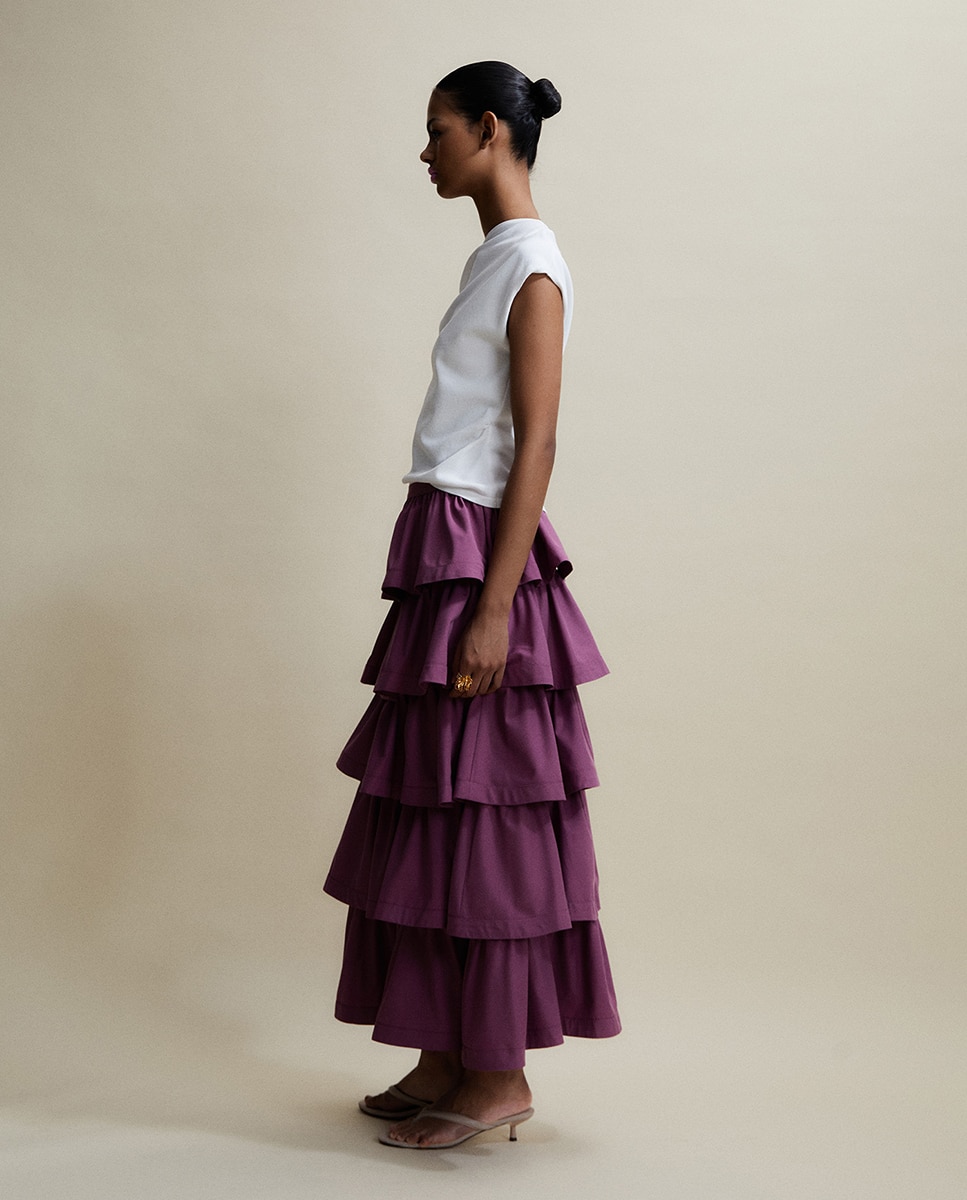 Saia Midi com Folhos Roxo-5