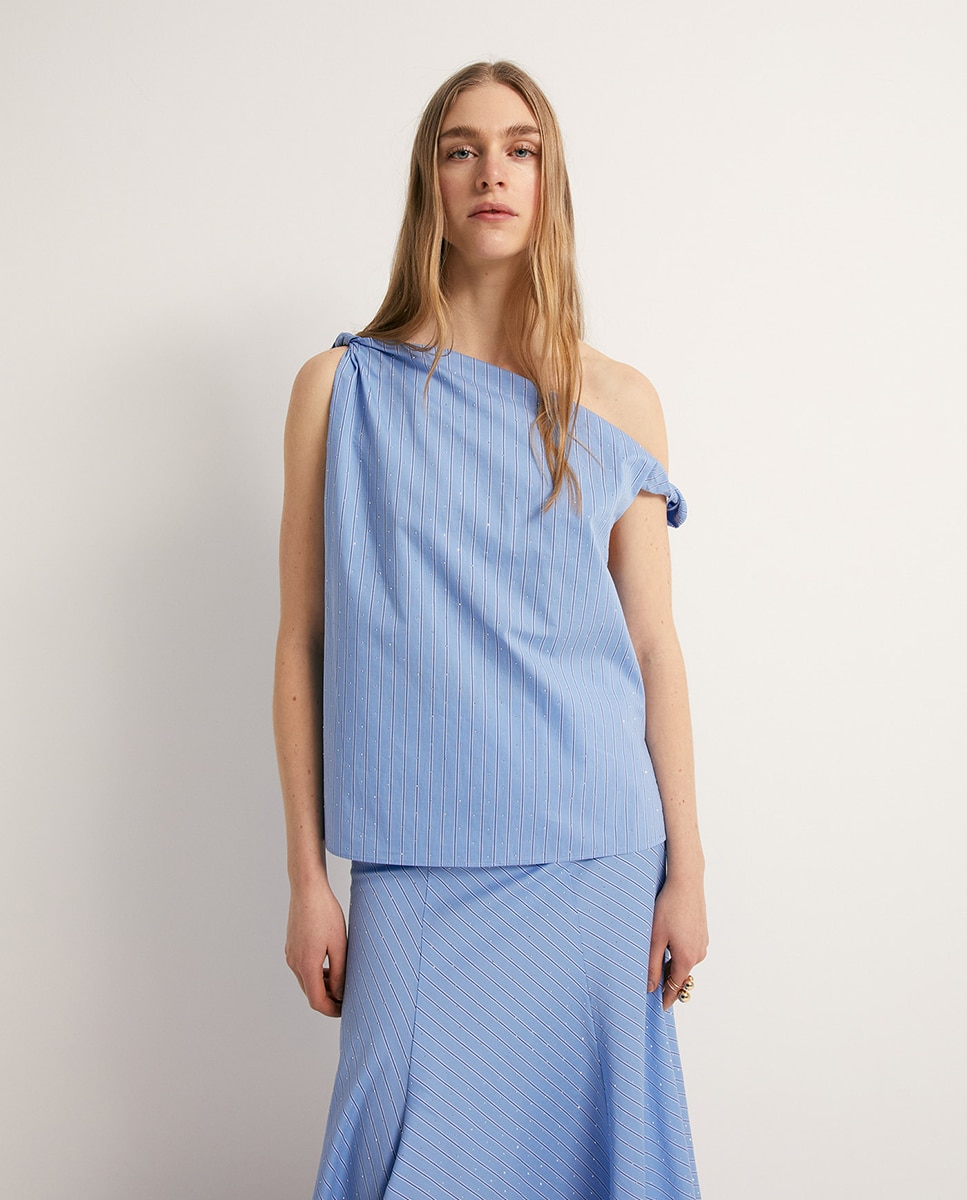 Blusa às Riscas com Brilho Azul-claro-1