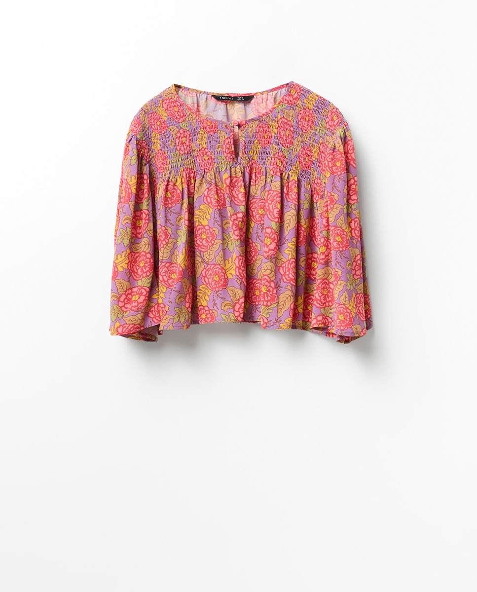 Blusa com Elásticos Estampado Floral Rosa-7