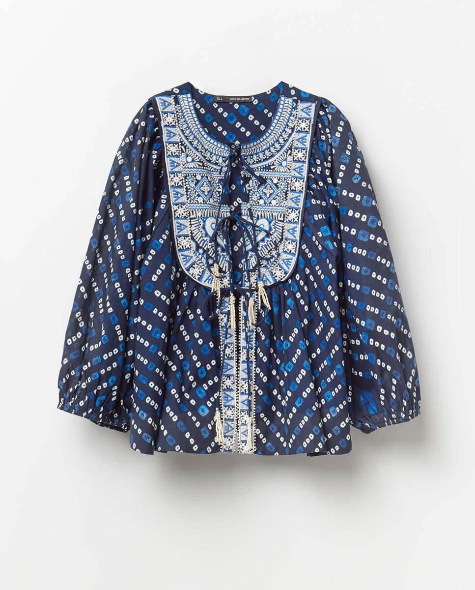 Sobrecamisa Estampada com Cordões Azul-5