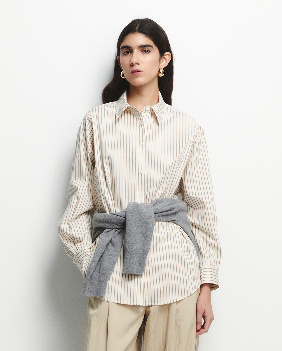Camisa Oversize às Riscas Cru-2