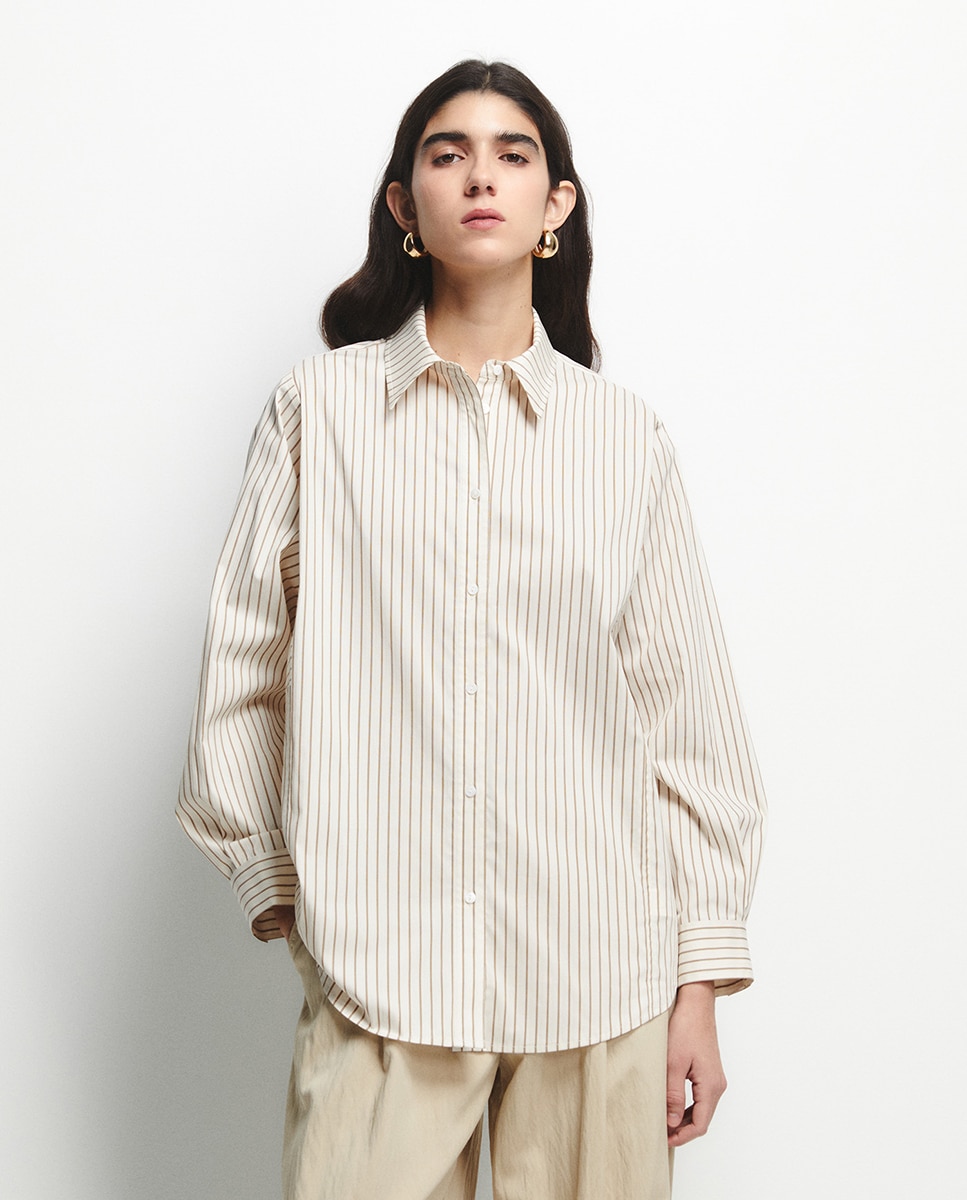 Camisa Oversize às Riscas Cru-3