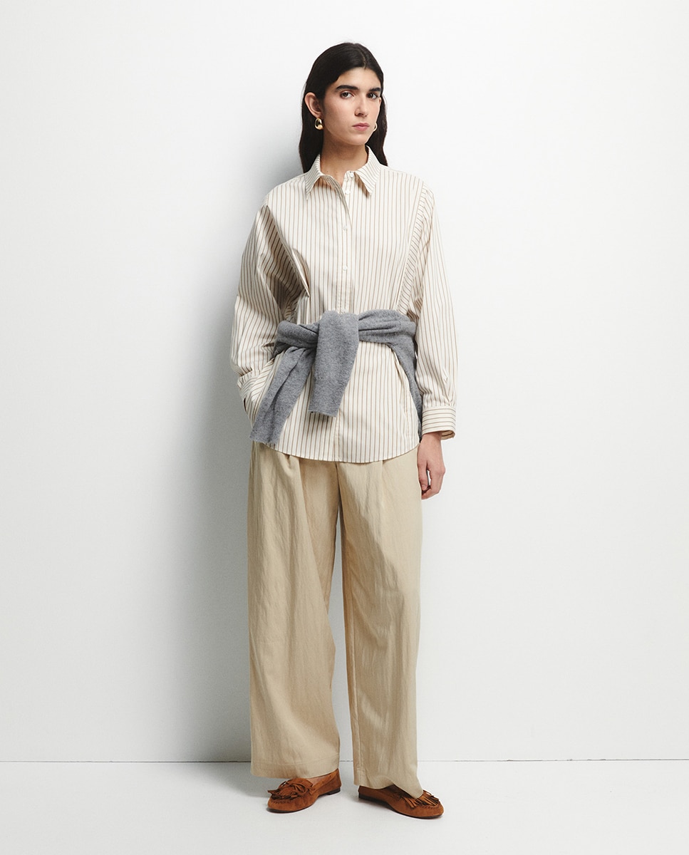 Camisa Oversize às Riscas Cru-4