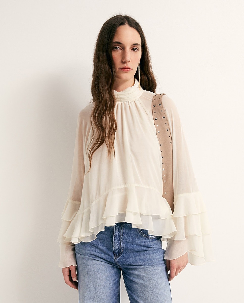 Blusa com manga com folhos Branco-marfim-1