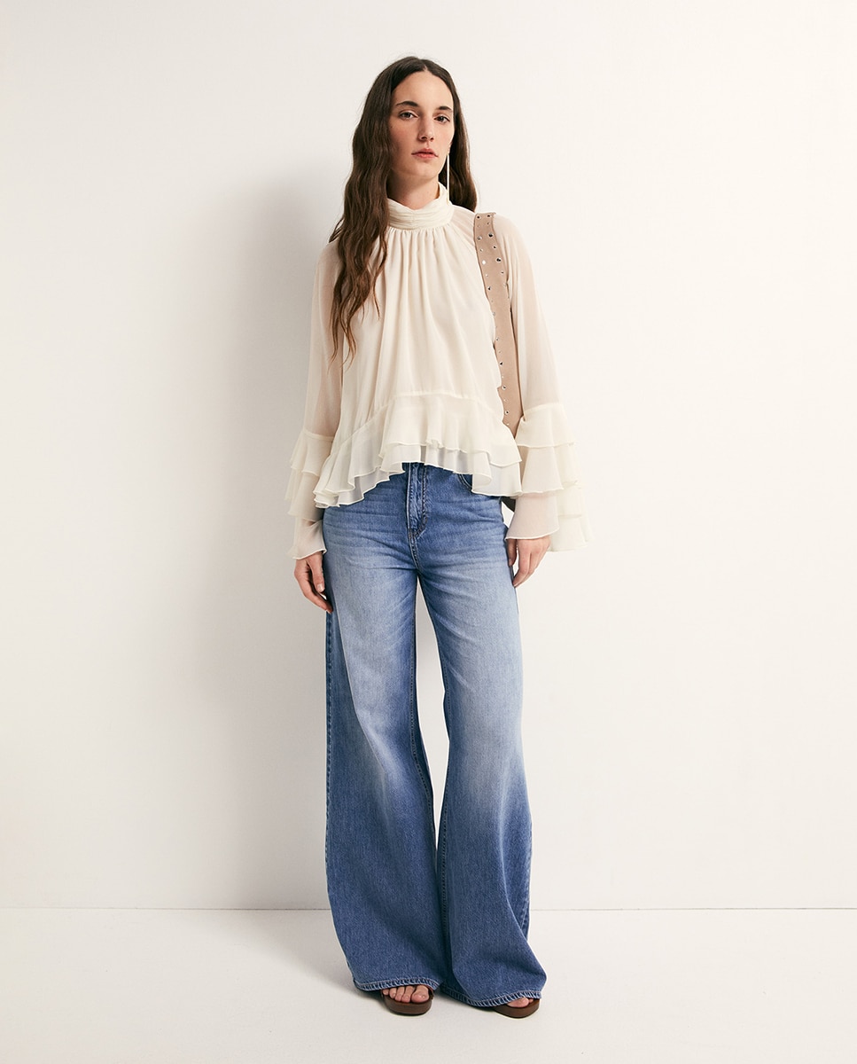 Blusa com manga com folhos Branco-marfim-2