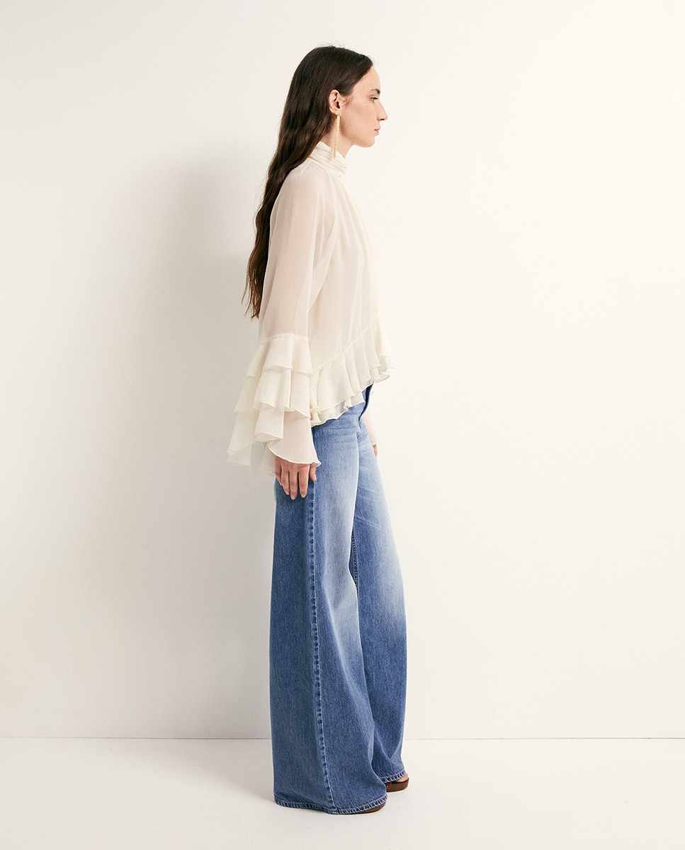 Blusa com manga com folhos Branco-marfim-4