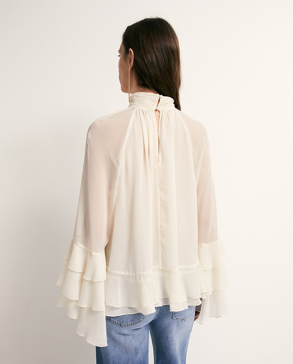 Blusa com manga com folhos Branco-marfim-5