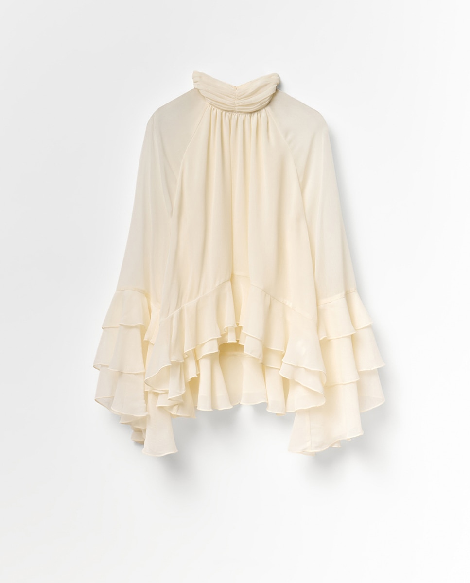 Blusa com manga com folhos Branco-marfim-6