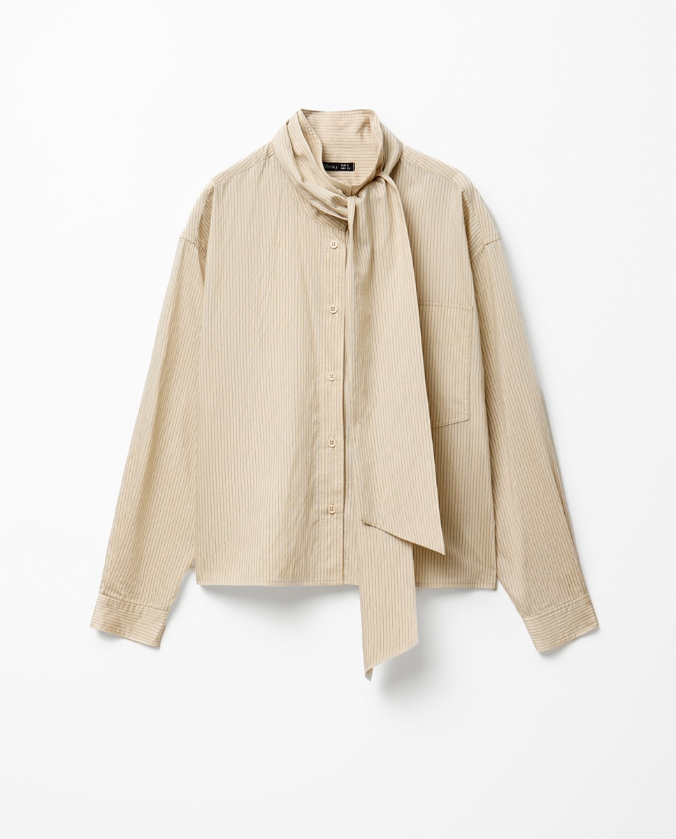 Camisa às Riscas com Écharpe Bege-6