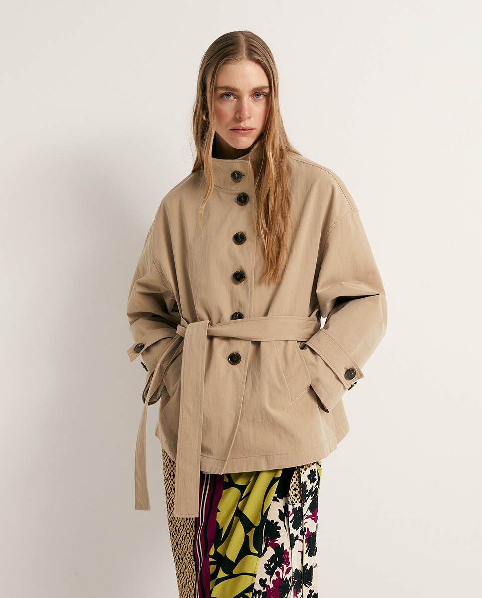 Parka Curta com Cinto Bege-2