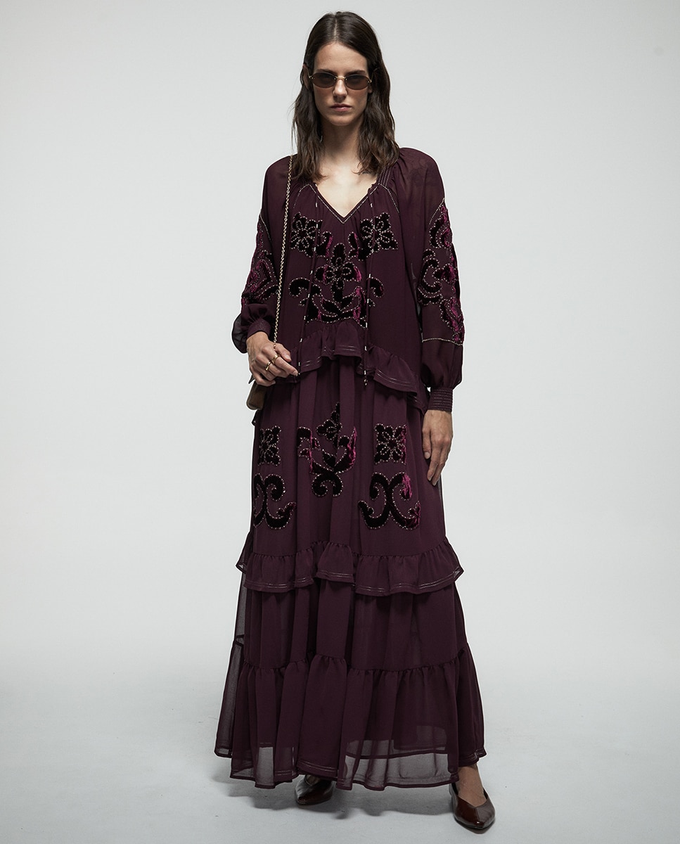 Vestido comprido com bordados Beringela-4