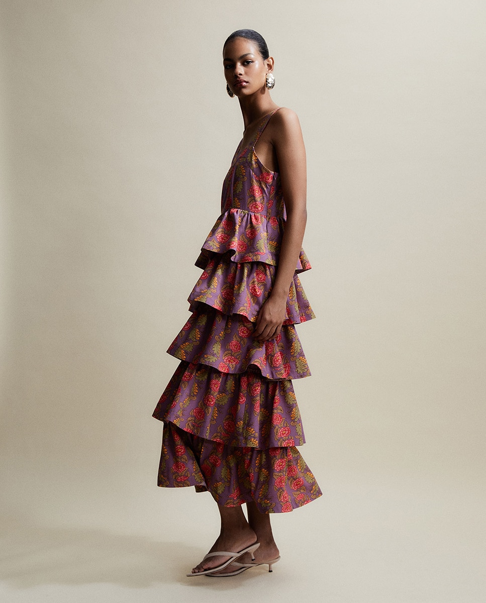 Vestido de Algodão com Folhos Lilás-2