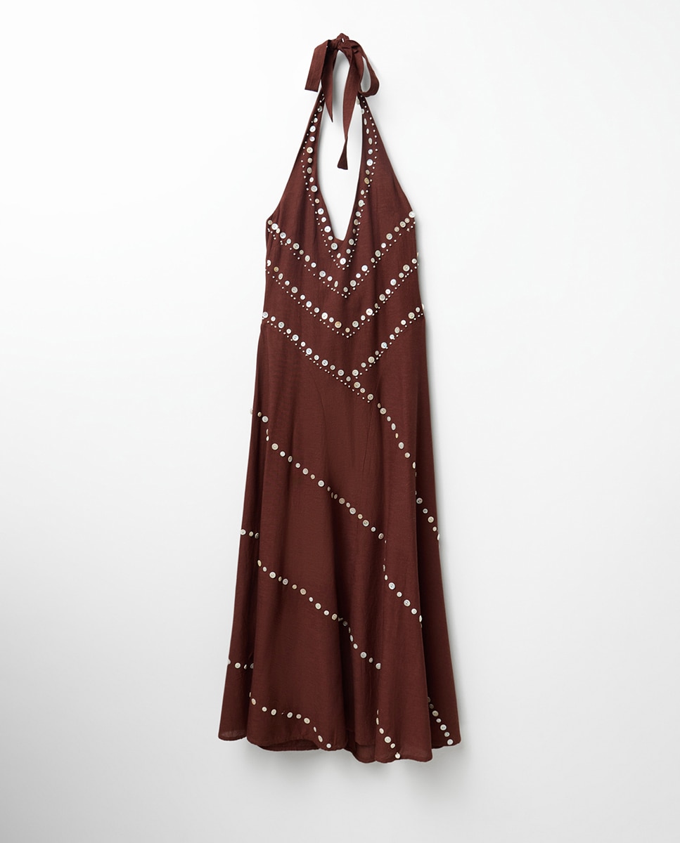 Vestido Halter com Conchas Castanho-6