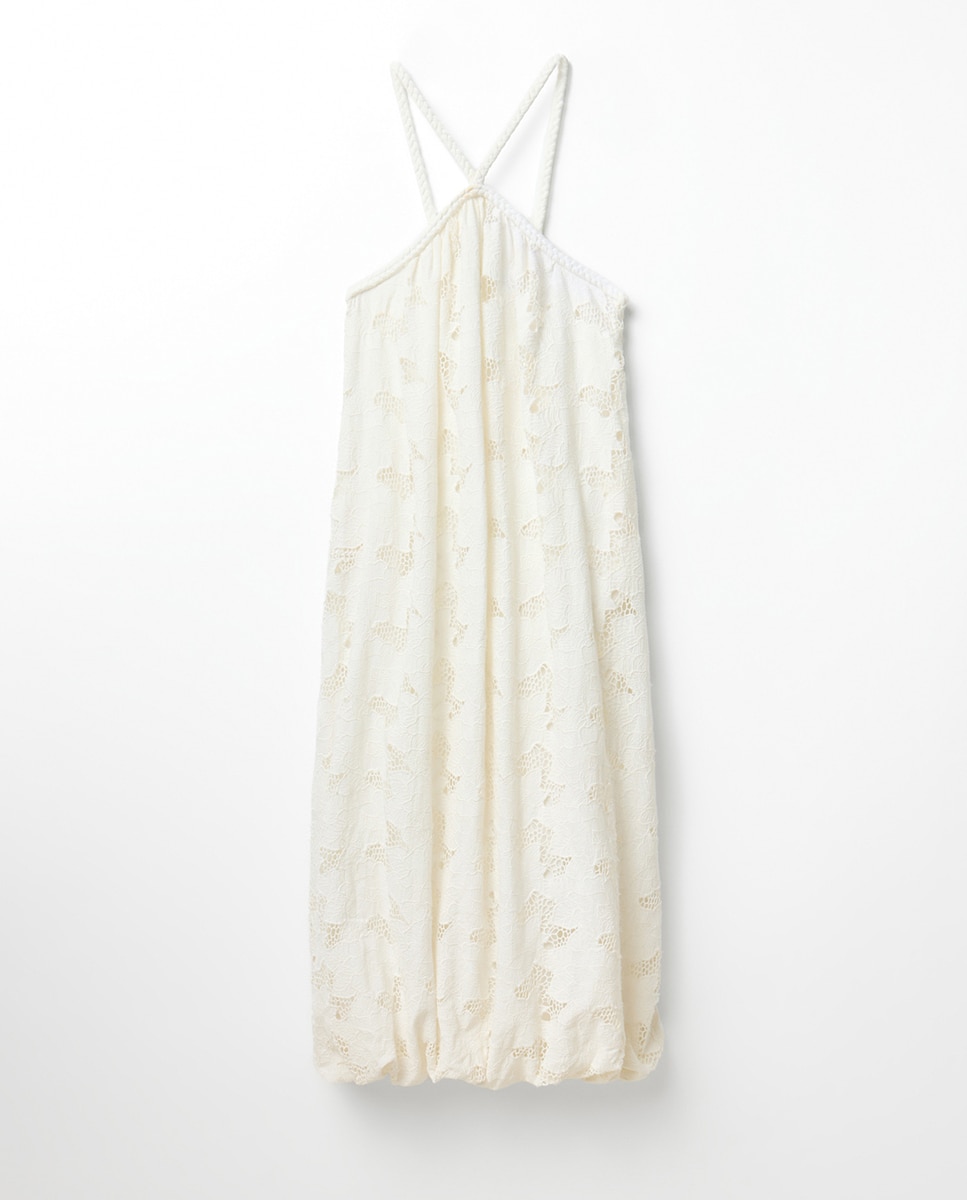 Vestido Entrançado com Flores Cru-5