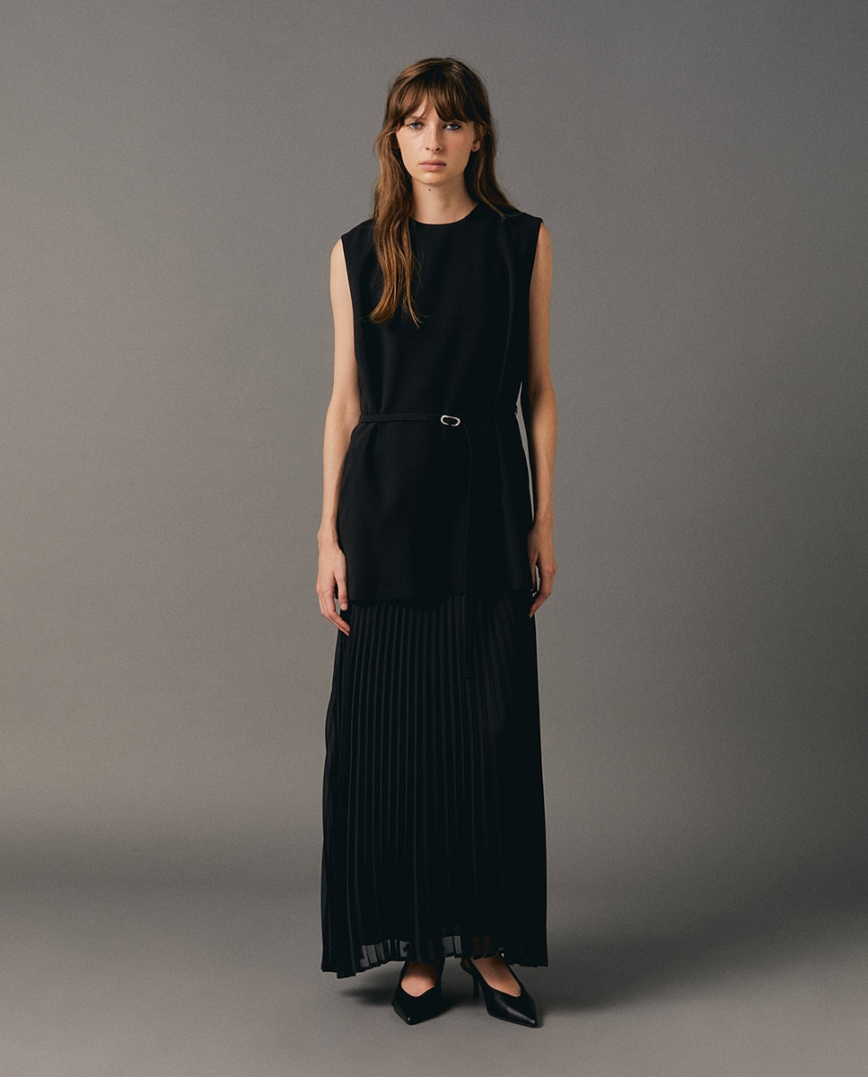 Vestido de Crepe com Saia Plissada 820 Cinzento Médio-4
