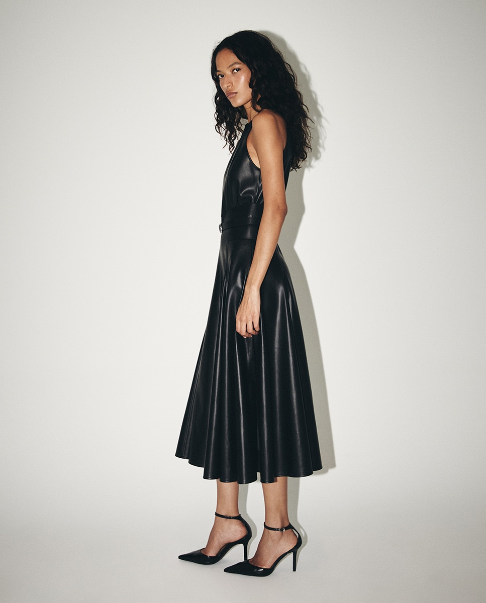 Vestido polipiel cinturón - Sfera - Negro Negro-4