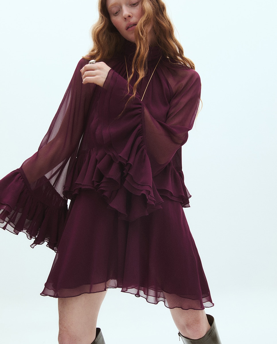 Vestido curto com folhos Ameixa-2