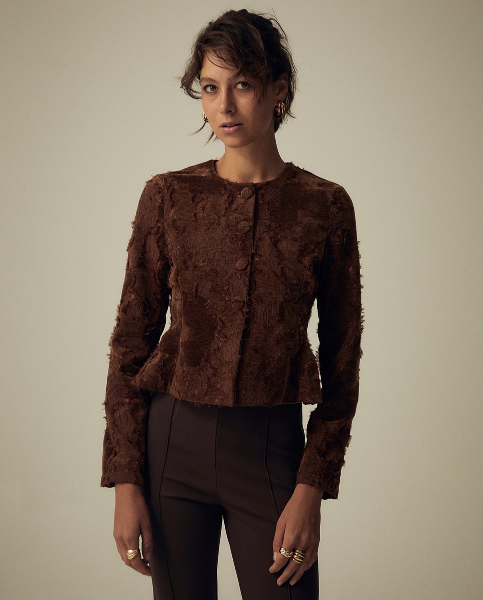 Casaco de Peplum com Jacquard Toffee-3