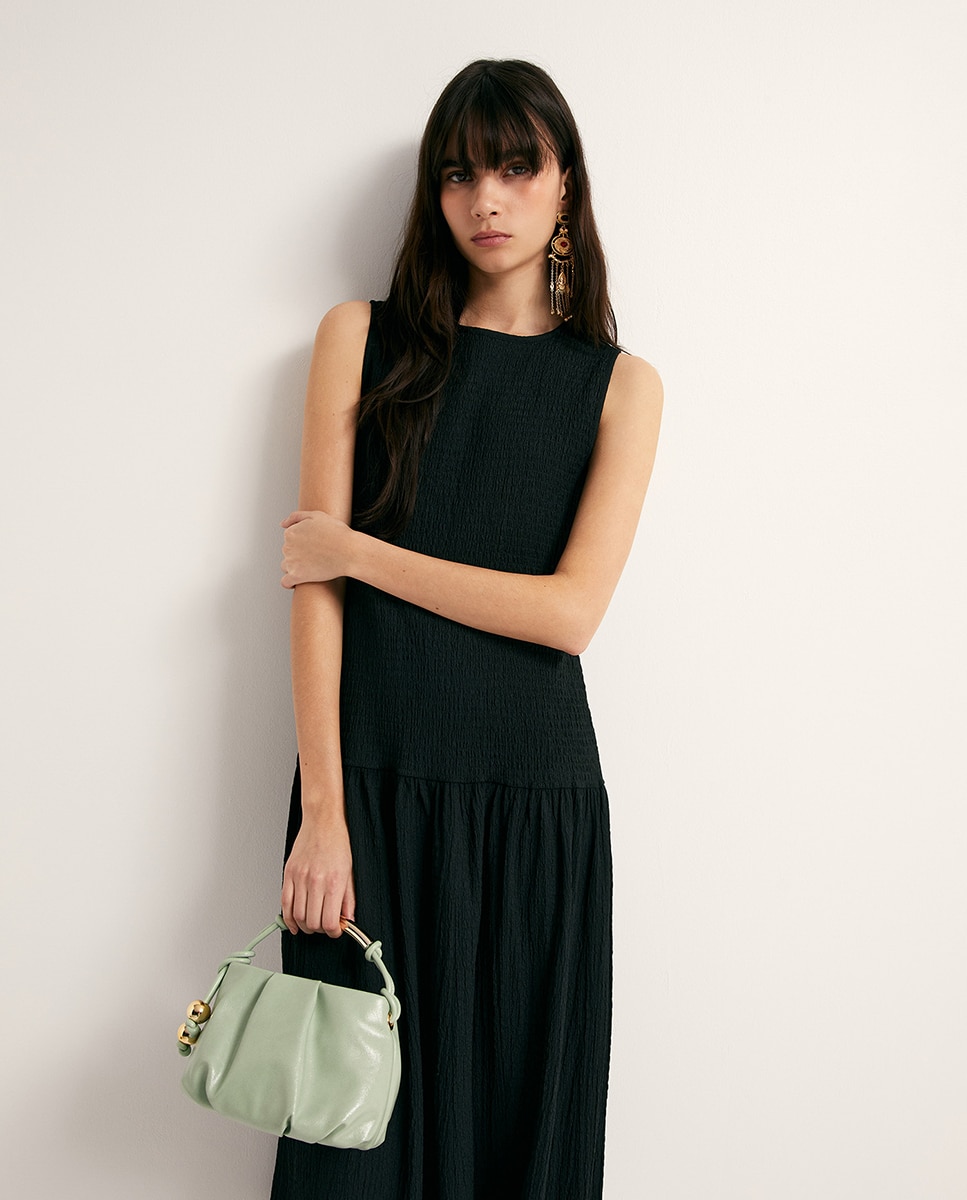 Vestido com Franzido e Estrutura Preto-2